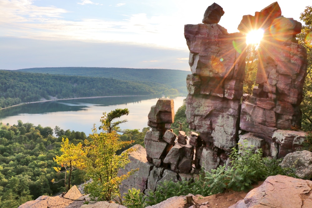 Rock towers overlooking the lake at Devil's Lake State Park, one of the best things to do in Baraboo, WI